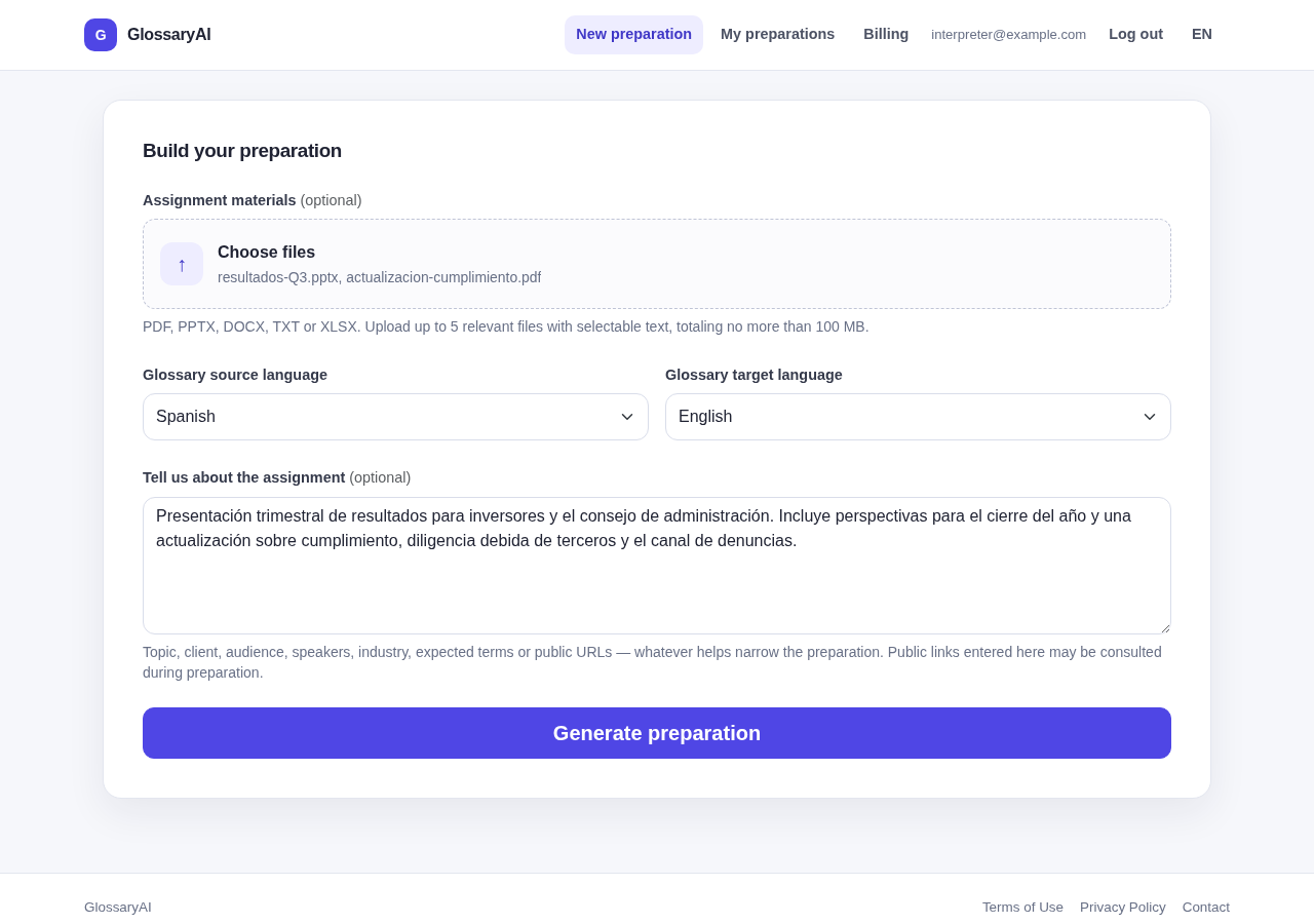 GlossaryAI preparation form configured for Spanish to English with a quarterly business-results and compliance assignment description.
