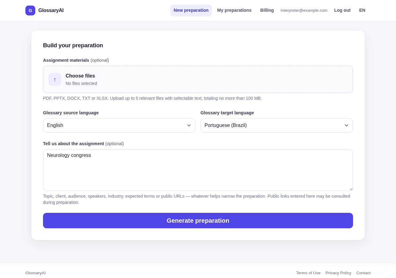 GlossaryAI preparation form configured for English to Brazilian Portuguese with the assignment context Neurology congress and no uploaded files.