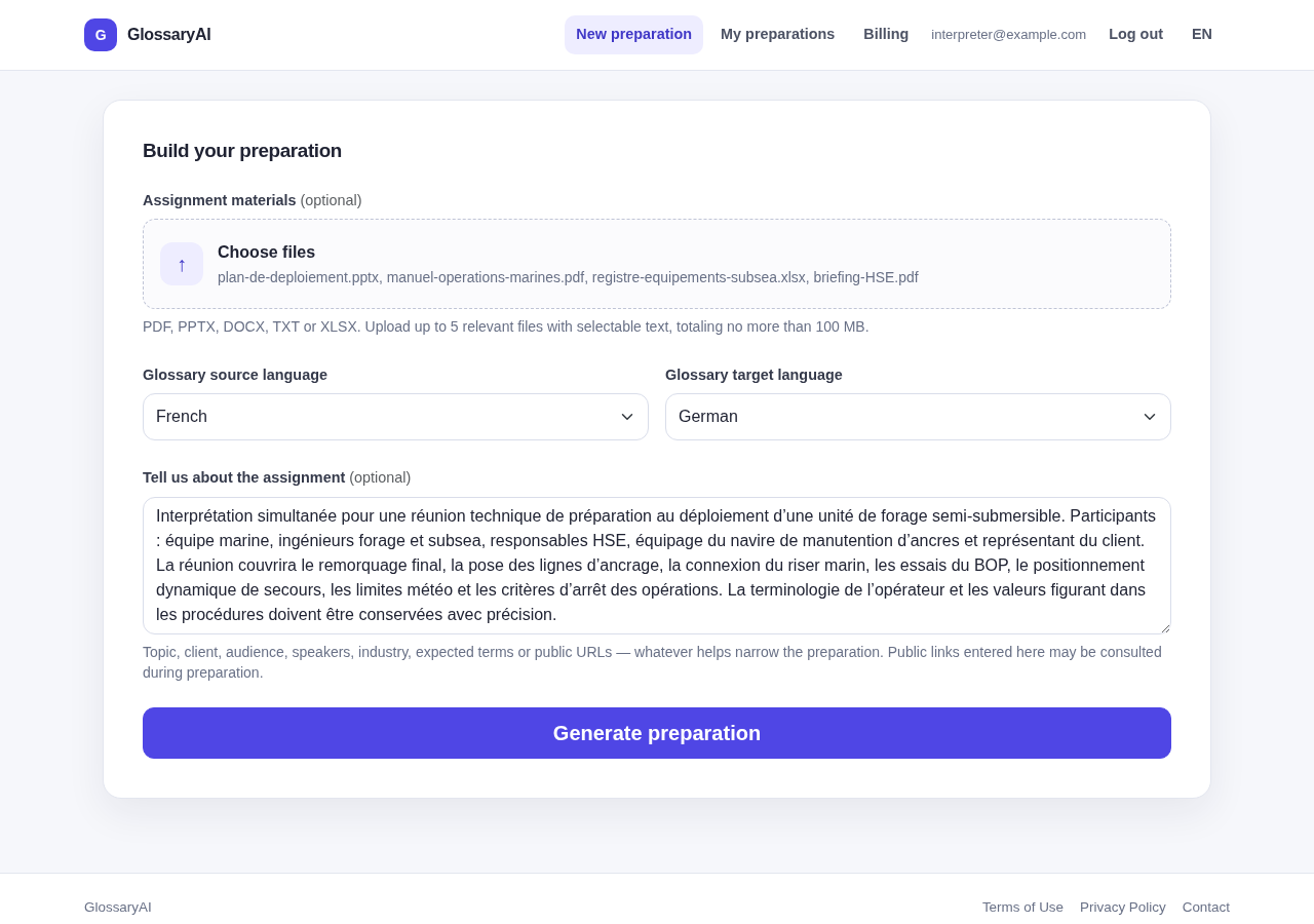 GlossaryAI preparation form configured for French to German with a detailed offshore drilling-unit deployment description and four selected technical files.