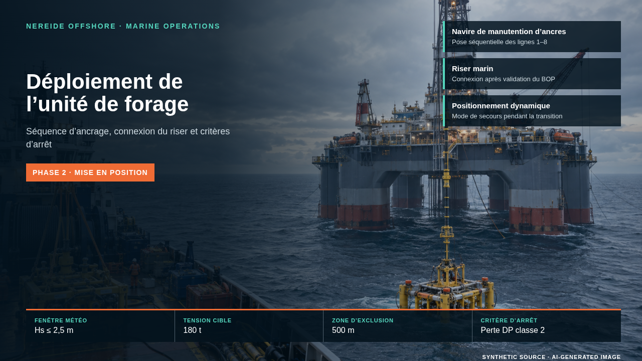 Synthetic French technical slide showing a semi-submersible offshore drilling unit, anchor-handling vessel, subsea equipment, operating limits and deployment terminology.